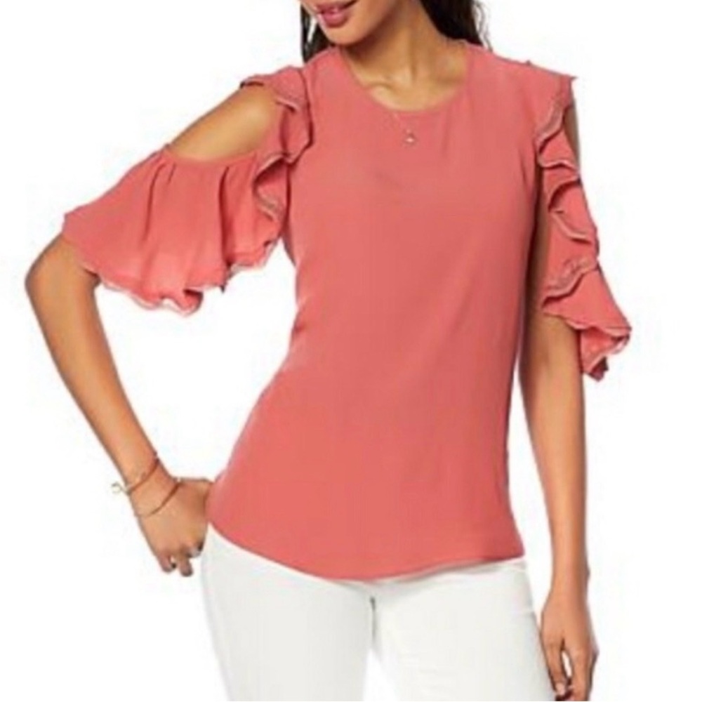 Eva Longoria Cold Shoulder Coral Ruffle Sleeves Blouse Size Medium